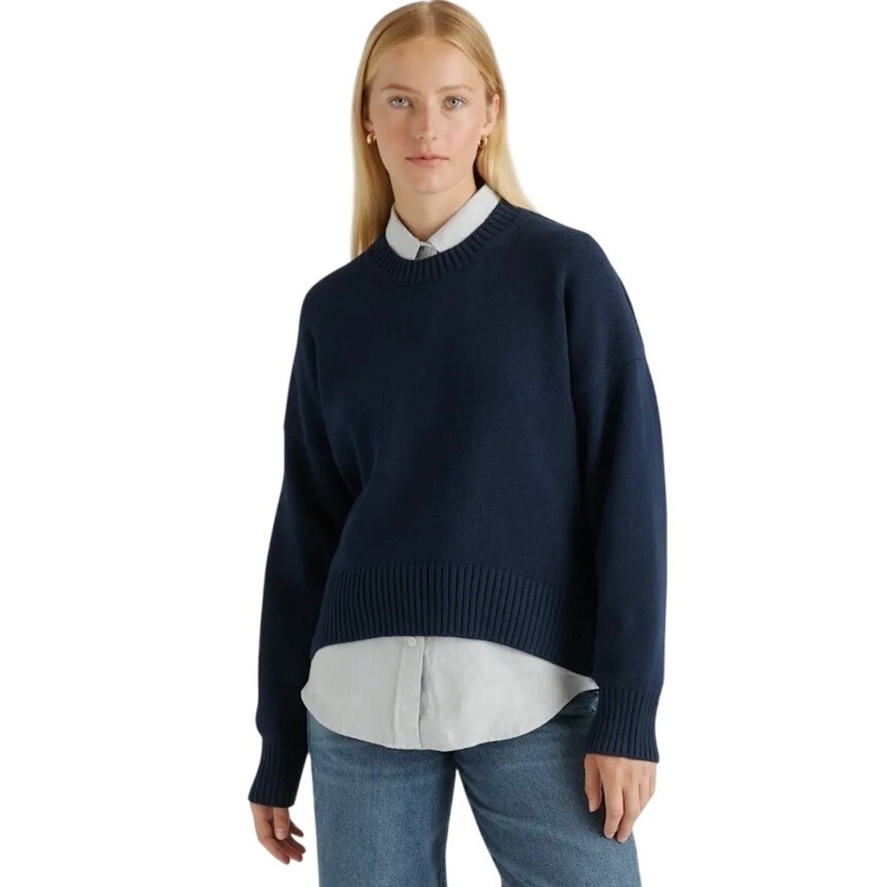 Quince Womens Navy Blue 100% Organic Cotton Boyfriend Crew Knit Sweater Medium